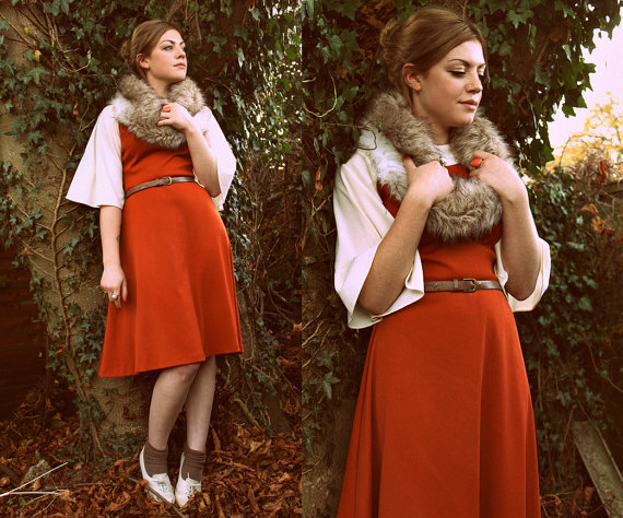orange dress with fur necklace collar