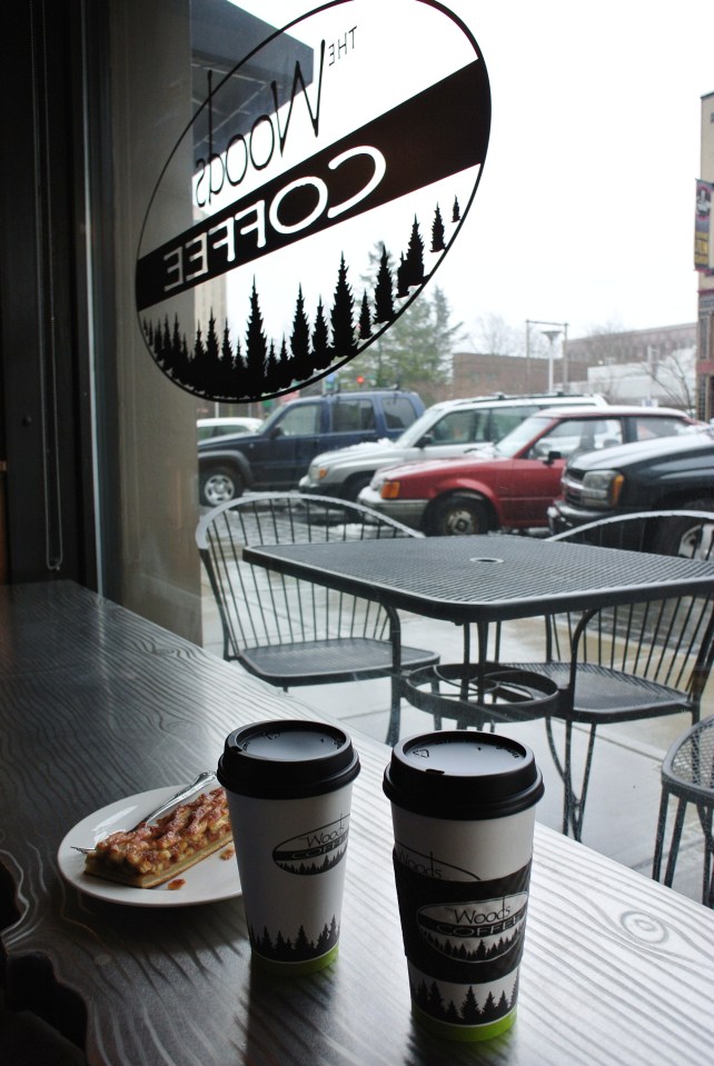 Our choices at Woods Coffee: Apple fritter and cedar hot chocolate for Jeff, Redwood coffee for me. (there's no wood in the drinks, those are the sizes.  Cute, right?)