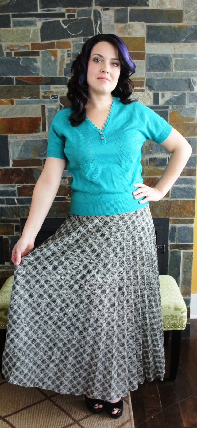 Two new pieces: a little turquoise summer sweater with a shimmery knife-pleat maxi skirt.  The skirt is one of those pieces I would wear with chucks and a tank top as well as heels and a dressier top, all summer long.