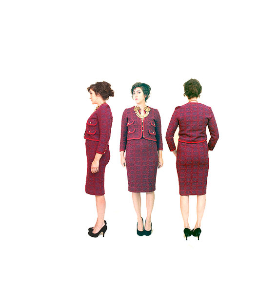 love the colour!  I would wear this jacket with a white tank, skinny jeans and snakeskin flats.  The skirt?  Pair it with a semi-fitted grey sweatshirt and pearls!