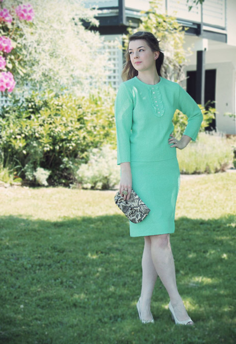 My first foray into sweater suits, and it's still available in my etsy shop!  The mint green colour is perfection, and the little frills on the top make this suit extra special.  Paired together or separately, the set is a total win!