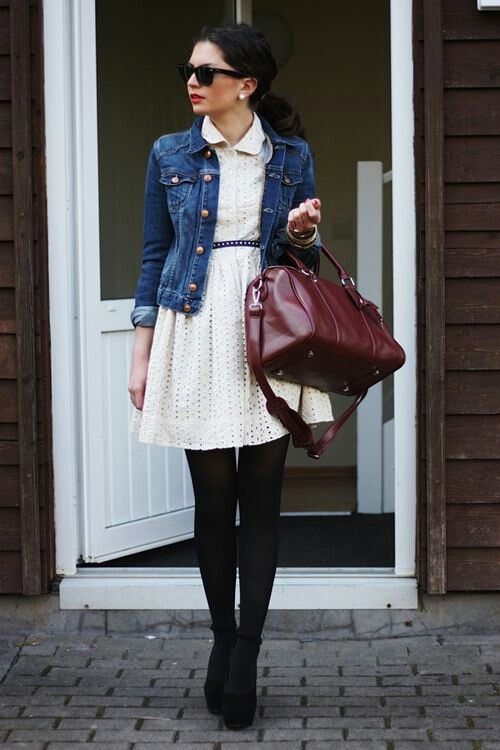 Summer white dress and jean jacket with black tights.  The oxblood bag warms it up just enough.