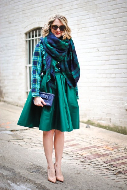 Green midi skirt and plaid shirt