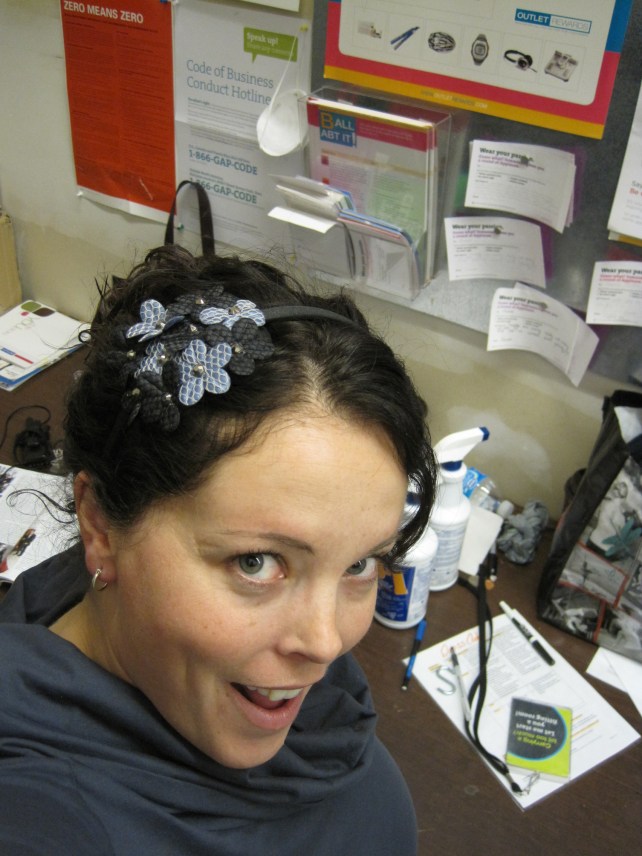 Me in the back room of the Banana Republic I worked at a few nights a week, after my day job.