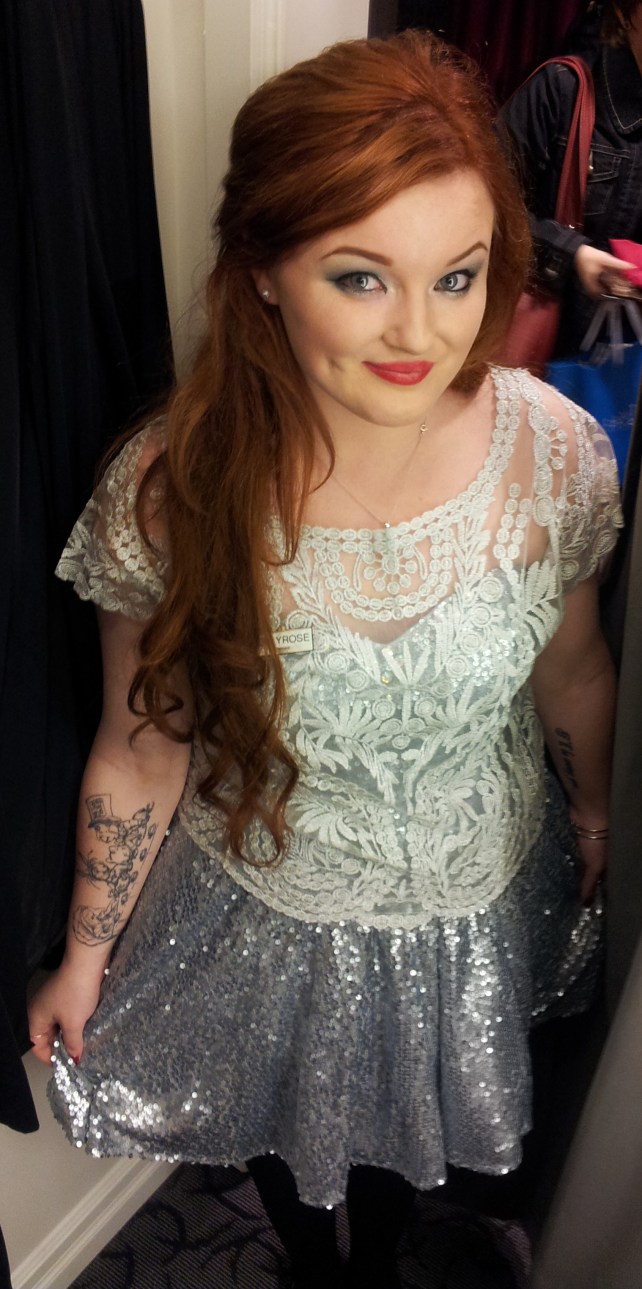 This was the lady who helped me in the fitting room: beautiful Holly Rose.  Can you believe her outfit?!?  I wanted it, but she got the dress in Ireland.  The top, however, was purchased in Willowbrook Mall.  Anyway, she was a sweetie and a big help!