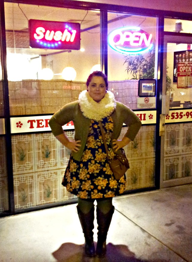 The Outfit: Olive Cardi, flower dress, fur-like infinity scarf, olive tights and boots.  