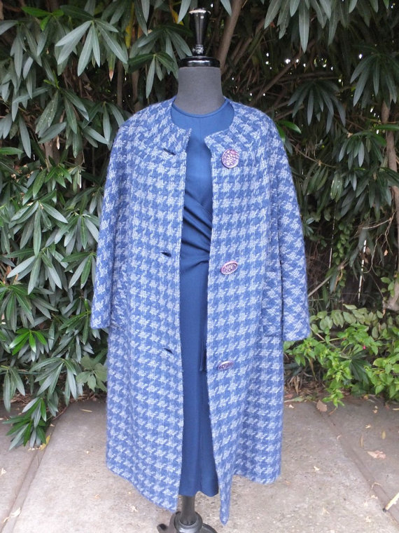 Blue Hounds tooth car coat with huge silver buttons.