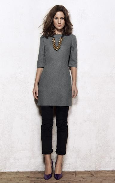 Office appropriate: simple grey dress with black cuffed pants.