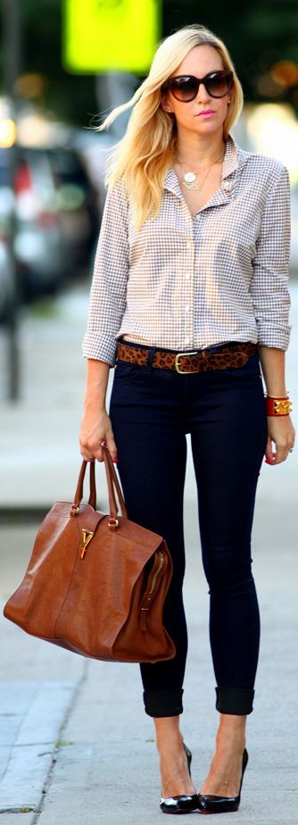 Leopard belt adds interest to a simple outfit.