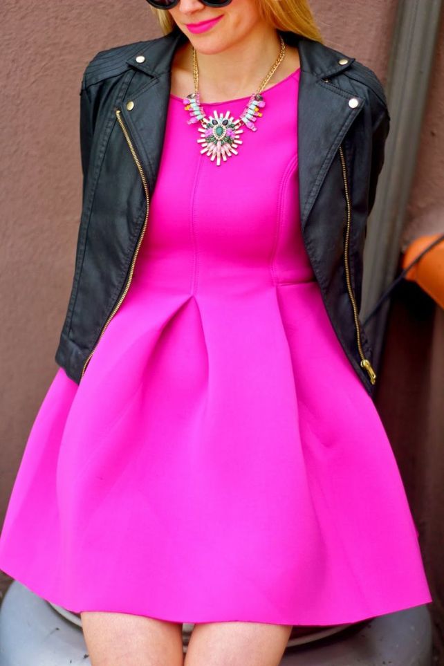 Go for broke in a pink fir and flare, and to toughen it up a bit, pair with a moto jacket.