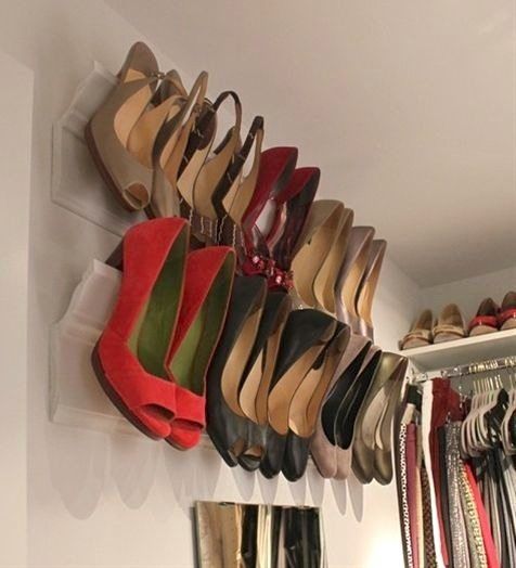I love this idea for shoes: use crown moulding!  Perfect for small spaces.
