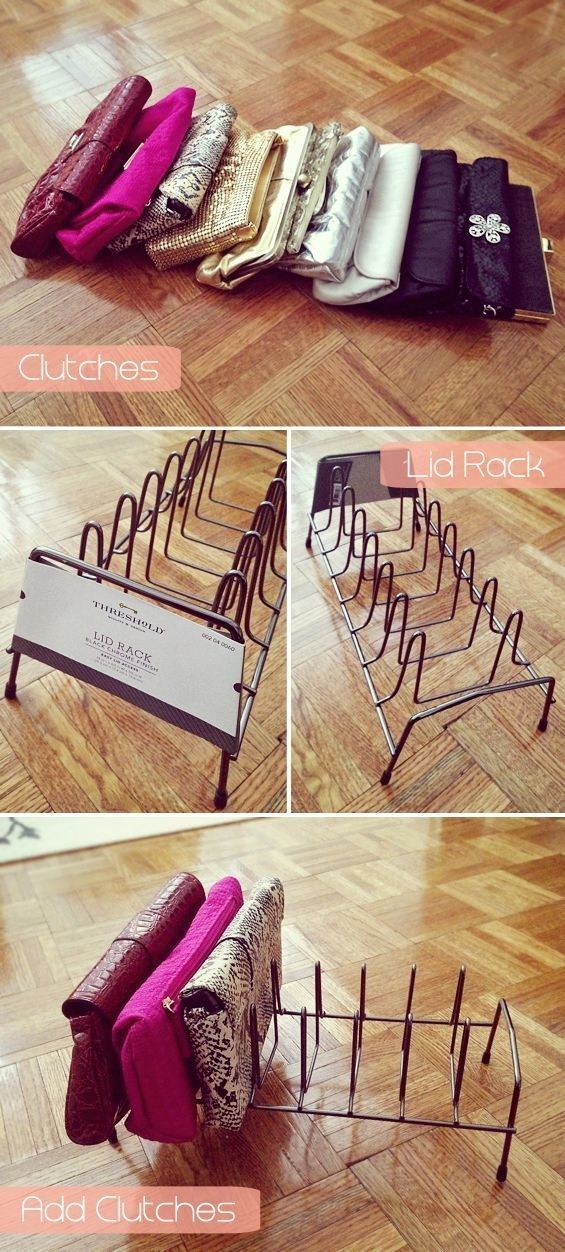 Store your clutches in lid rack for pots.  Purchase at any kitchen store.