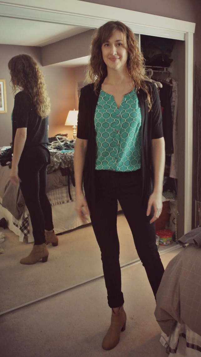 New outfit idea for this makeup pro: bright top with dark pants and cardi and brown boots. I'd love to see a beige/brown scarf to balance this look out.