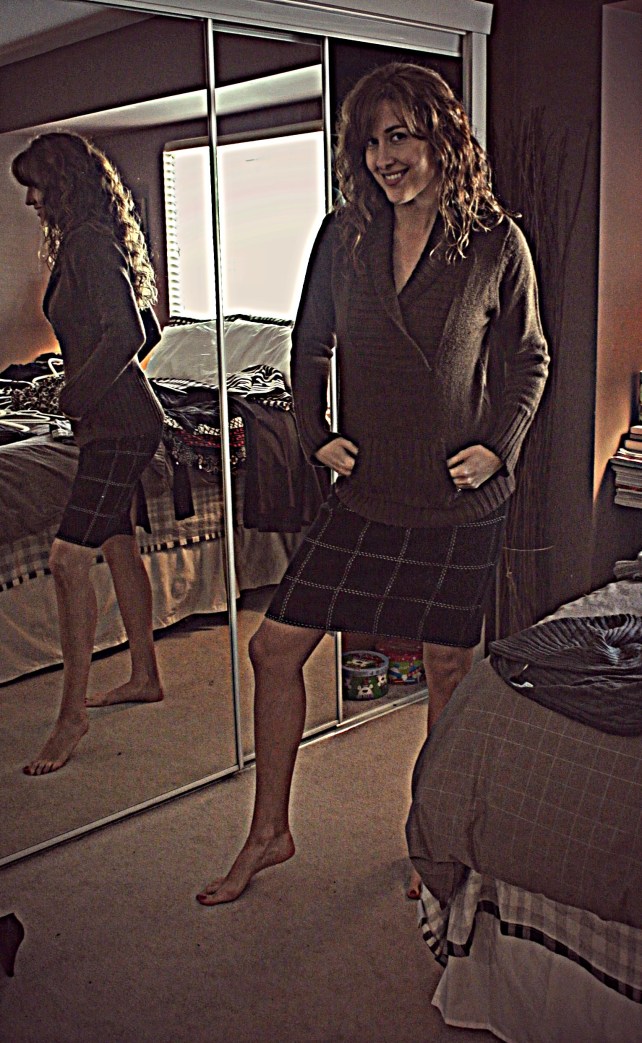 What to wear with a heavy winter skirt? Tights and a close-fit sweater for winter, hells and a breezy blouse and jean jacket for Spring!