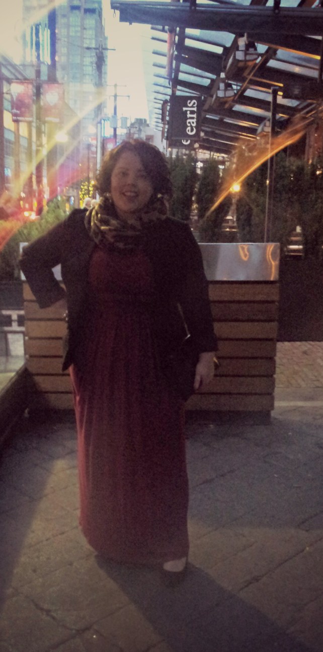 My outfit: I was pretty tired, so I wanted to wear something super comfortable but still look put together.  Solution?  A maxi dress of course!  I paired my red maxi with a black blazer, leopard scarf, black wedges and a black eel skin clutch.  I felt like I was wearing pj's, but looked like I was going out.