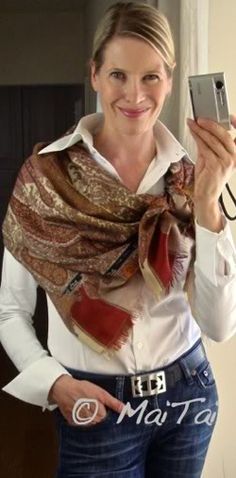 More of a pashmina, this look says : hi.  I'm creative!  Get to know me!  Need: white button-up, larfe patterned pashmina. 